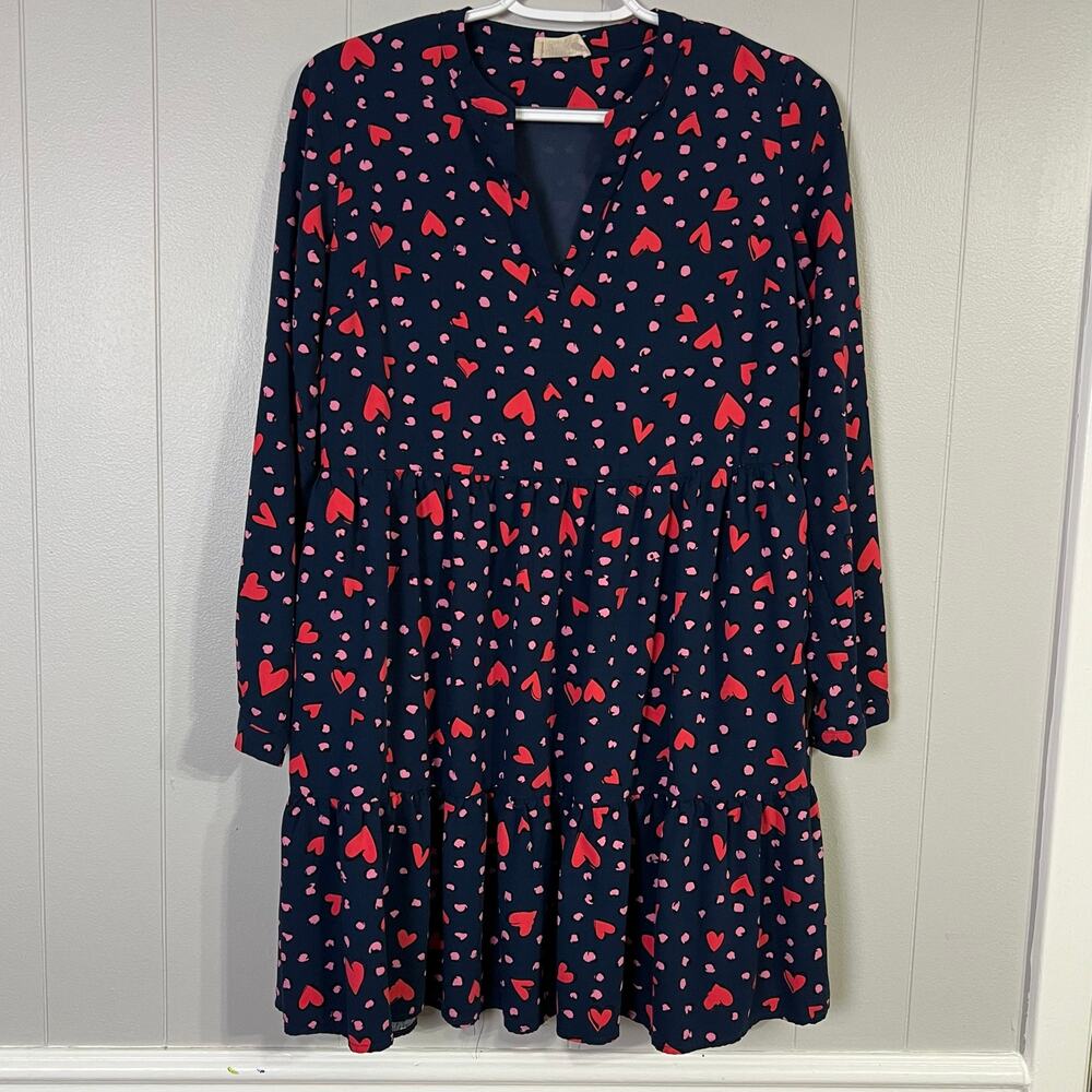 Sugarhill Brighton Dress Size 4 Navy Red Heart Print Tiered Long Sleeve Mini